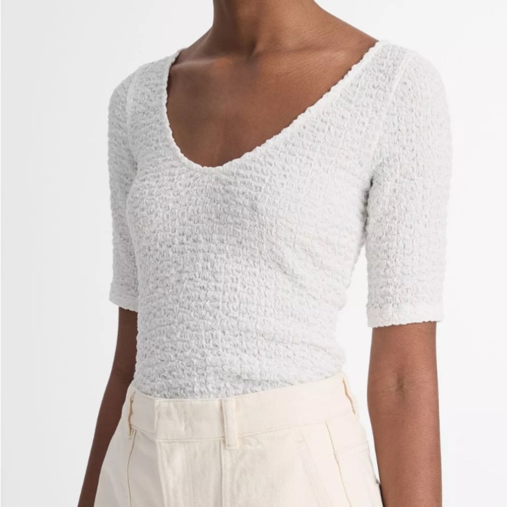 Vince smocked elbow-sleeve v-neck top
